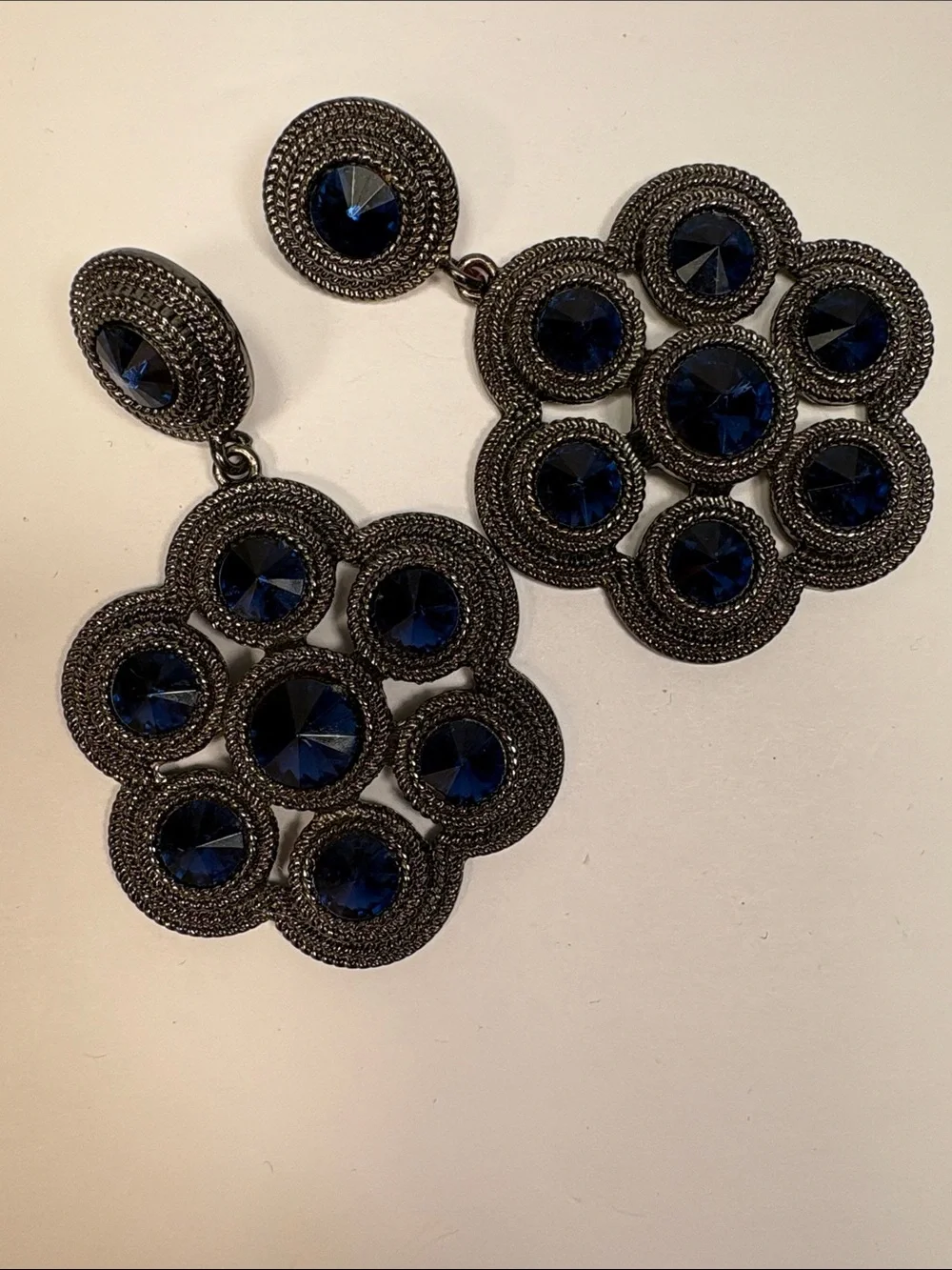 Gunmetal Floral Drop Earrings with Faux Sapphire Blue Stones - Women Jewelry